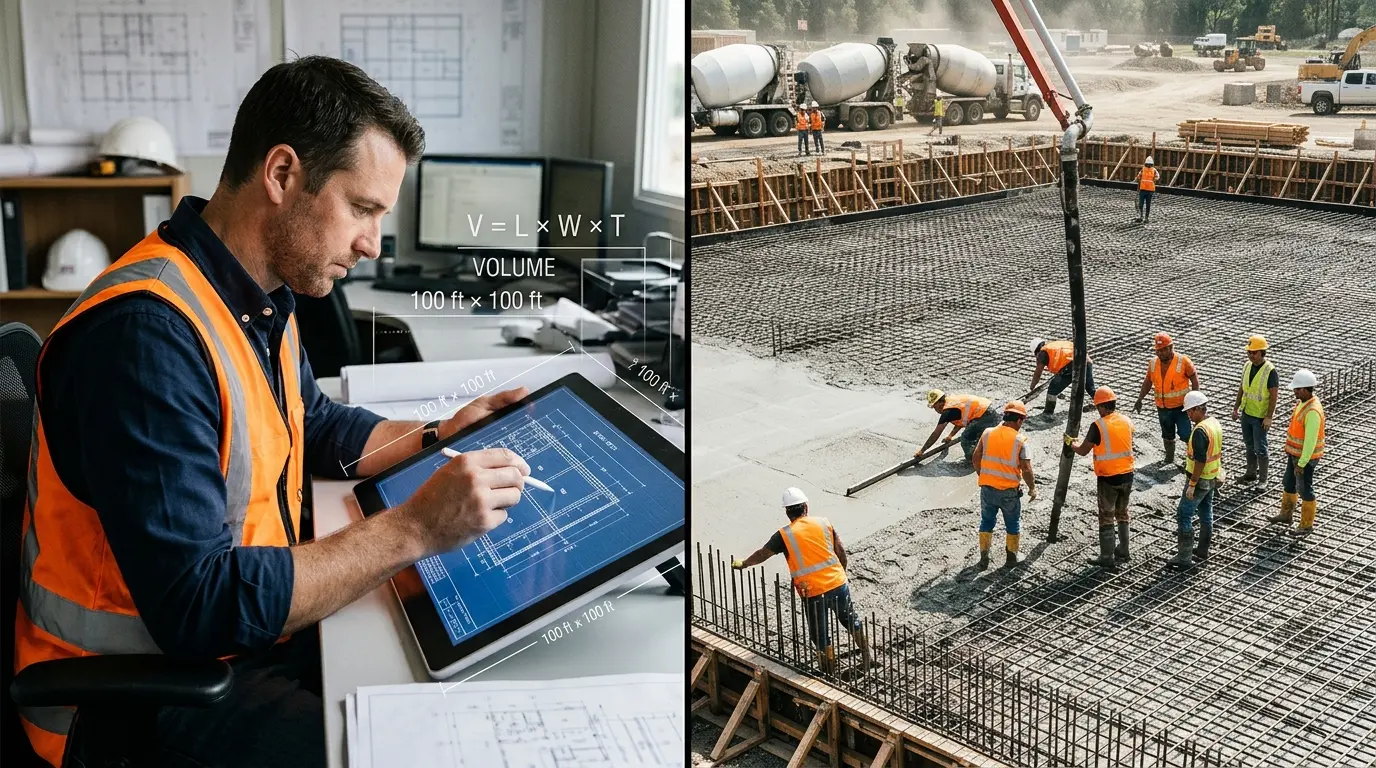 A split-screen image showing a professional reviewing concrete volume calculations on a tablet next to a cinematic shot of a fresh concrete pour for a large building foundation.