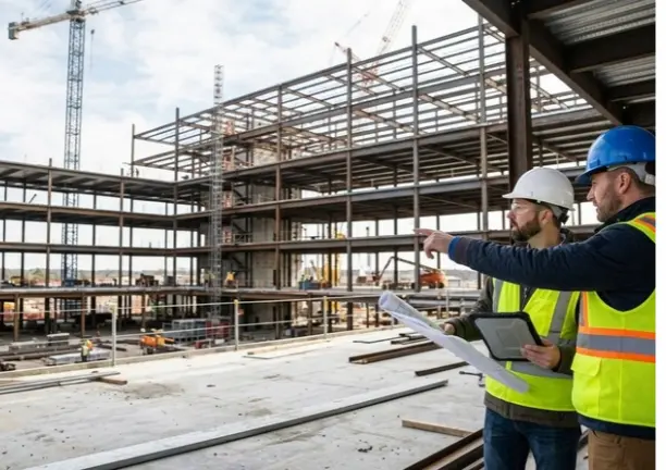 A wide shot of a retail building under construction with glass facades, steel structures, and construction workers.