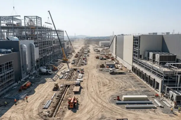 A sprawling construction site for a manufacturing plant with steel structures, heavy machinery, and cranes.