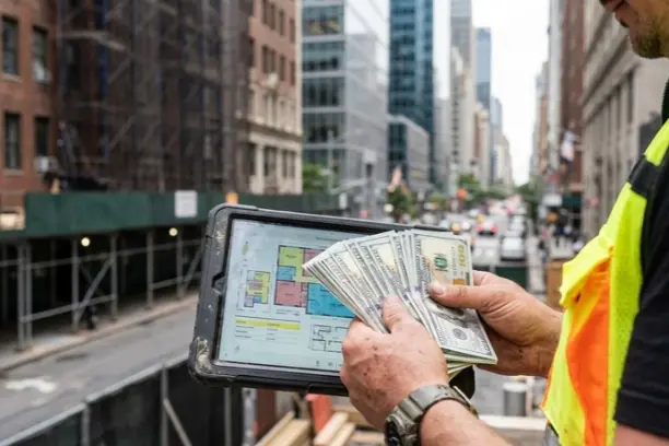 Close-up of hands holding a tablet with architectural plans and a stack of money against a blurred NYC cityscape.