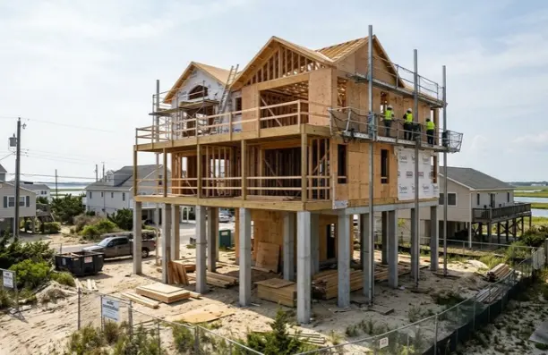 A three-story coastal house under construction, elevated on thick concrete pilings with exposed wood framing and scaffolding.