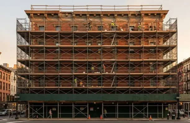 A multi-story red brick building covered in detailed metal scaffolding during a golden hour restoration project.