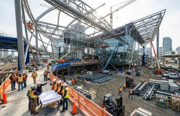 Construction workers and engineers in safety vests fanning out blueprints at a massive steel and glass construction site.