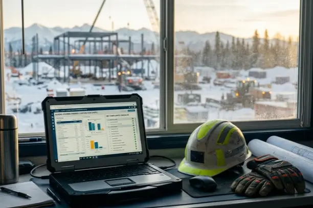 A professional construction workspace featuring a laptop with cost-estimating software, a hard hat, and gloves, with a blurred view of a construction site at sunset in a cold climate.