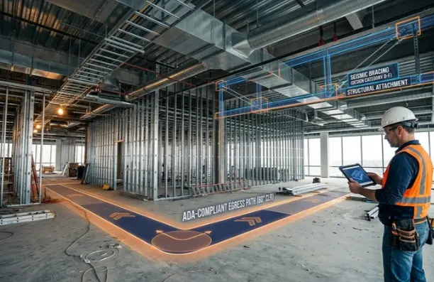 An interior view of a commercial office under construction with metal framing, exposed ductwork, and fire sprinklers, featuring a digital overlay of seismic bracing details and ADA egress paths.