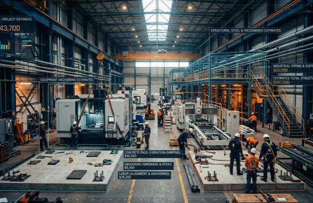 The interior of a large manufacturing facility showing heavy machinery being installed on reinforced concrete pads, with structural steel supports and a digital data overlay.