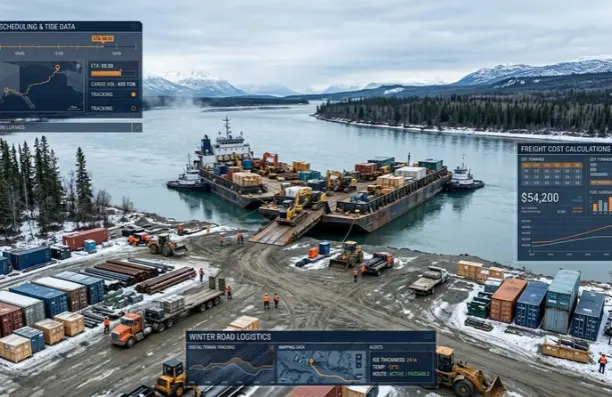 An industrial barge at a remote Alaskan river landing unloading construction equipment and material crates, with a digital overlay showing logistics data and freight costs.