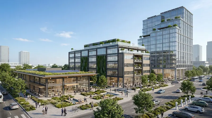A clean architectural visualization of three different office buildings—a 1-story, a 4-story, and a 15-story skyscraper—against a clear urban skyline.