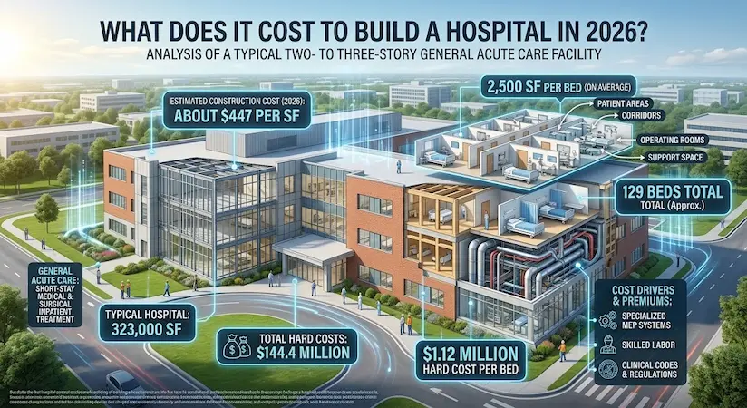 A 3D cutaway visualization of a modern, multi-story acute care hospital facility set in a landscaped campus environment.