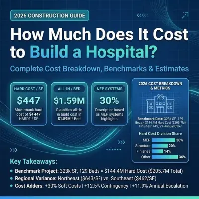 Infographic titled "How Much Does It Cost to Build a Hospital?" displaying financial metrics including $447 per square foot hard cost, $1.59 million per bed, and a 30% MEP systems share alongside an architectural blueprint graphic.