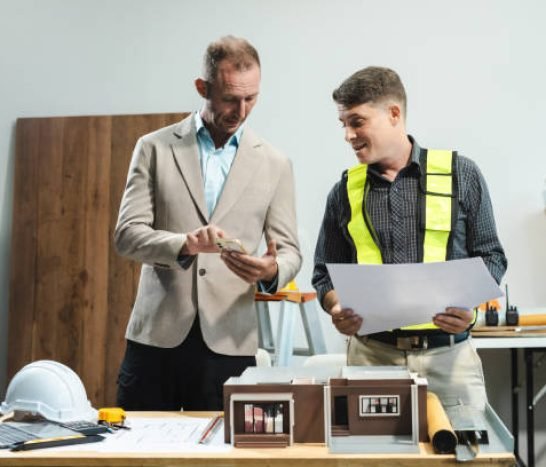 Architecture and teamwork concept. Male engineers or business partners on a construction site, discussing project details.