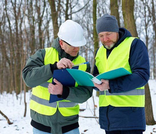 Two forestry engineers in a winter forest reviewing documents for logging. Loggers inspect a forest management plan. Ecologists study plants and environmental indicators.
